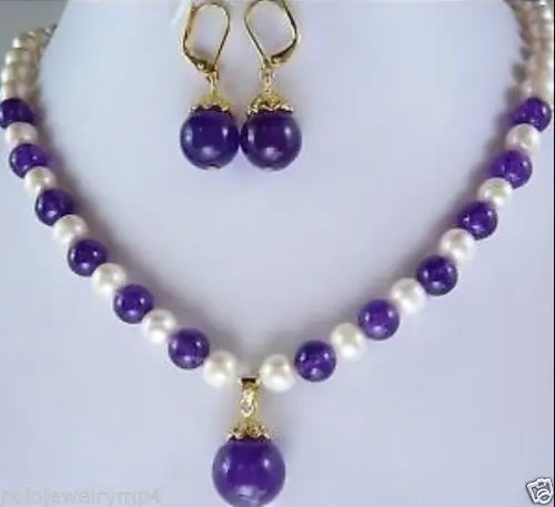

Jewelry 7-8MM White Pearl & jade Purple Necklace Earring Set 5.23