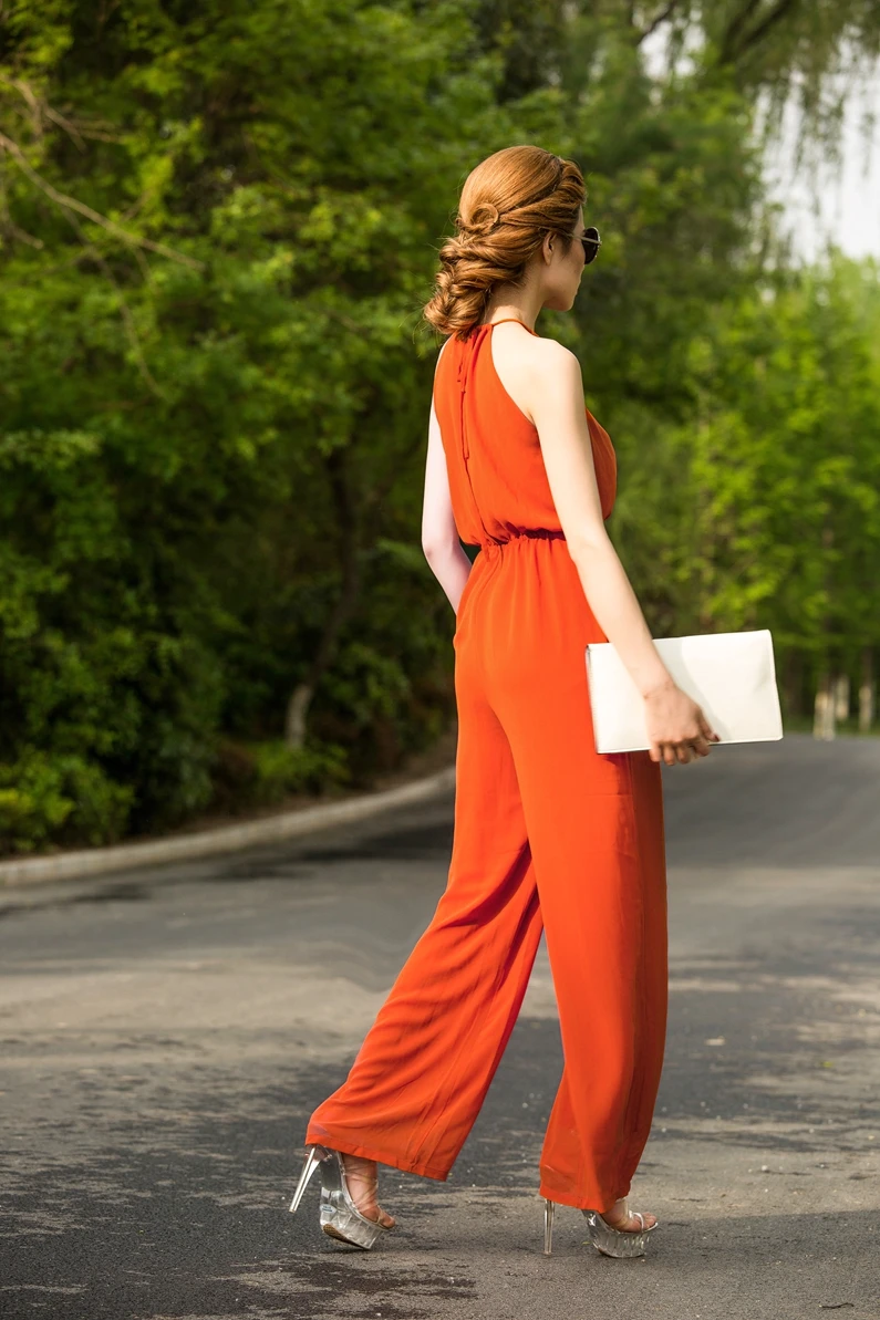 Jumpsuit for Women 2017 Summer Party Overalls Rompers Chiffon Fashion Elegant Orange Color Full Length Bodysuit S M L XL 
