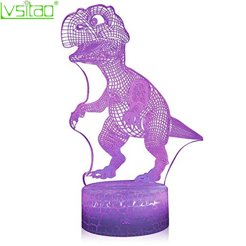 

3D Dinosaur Illusion night light 7 Color Animal table lamp white black crack base Touch remote USB recharge christmas light gift