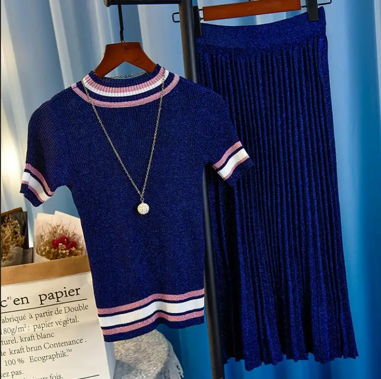 Летний тянущийся Яркий шелковый свитер и юбка, Женский комплект 2 шт., трикотажные пуловеры с коротким рукавом, топы+ трапециевидная плиссированная юбка, комплекты - Цвет: Синий
