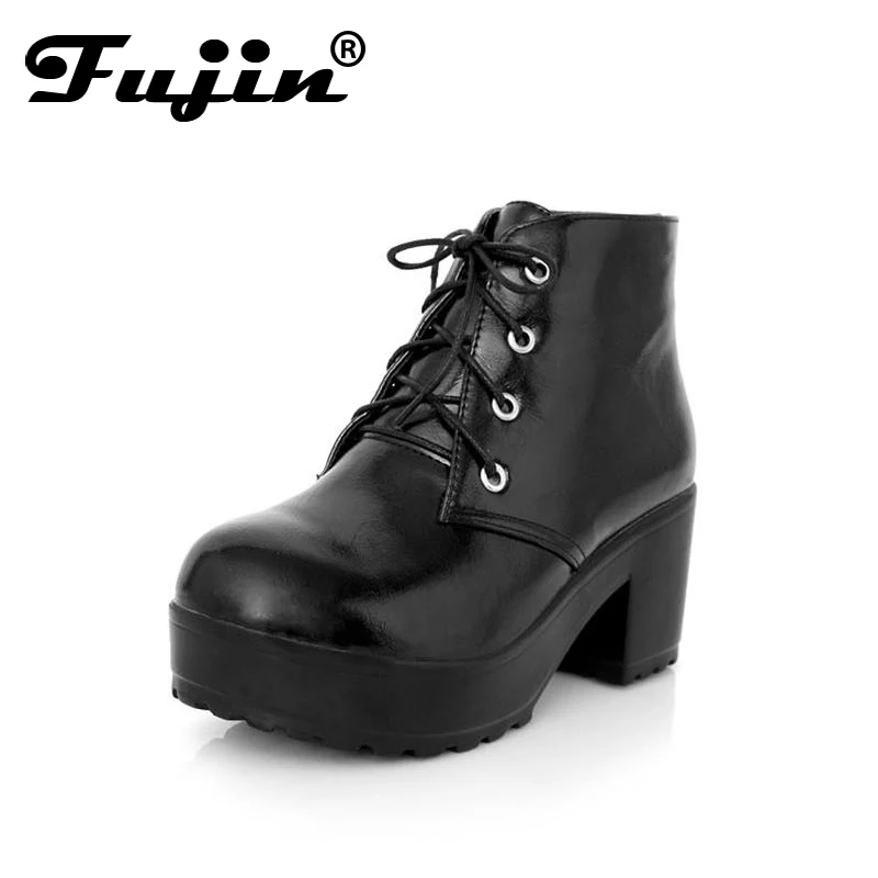 

Fujin 2019 New Autumn Winter Women Boots High Quality Solid Lace up European Ladies shoes PU Leather Fashion Boots Black White