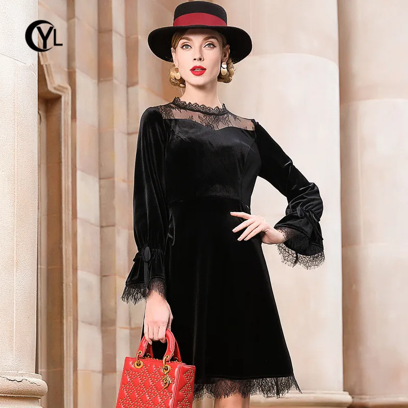 

OUYALIN Brand L- 3XL 4XL 5XL Plus size Dress 2019 Spring Women Long sleeve Floral Lace Vintage Black Velvet Dresses
