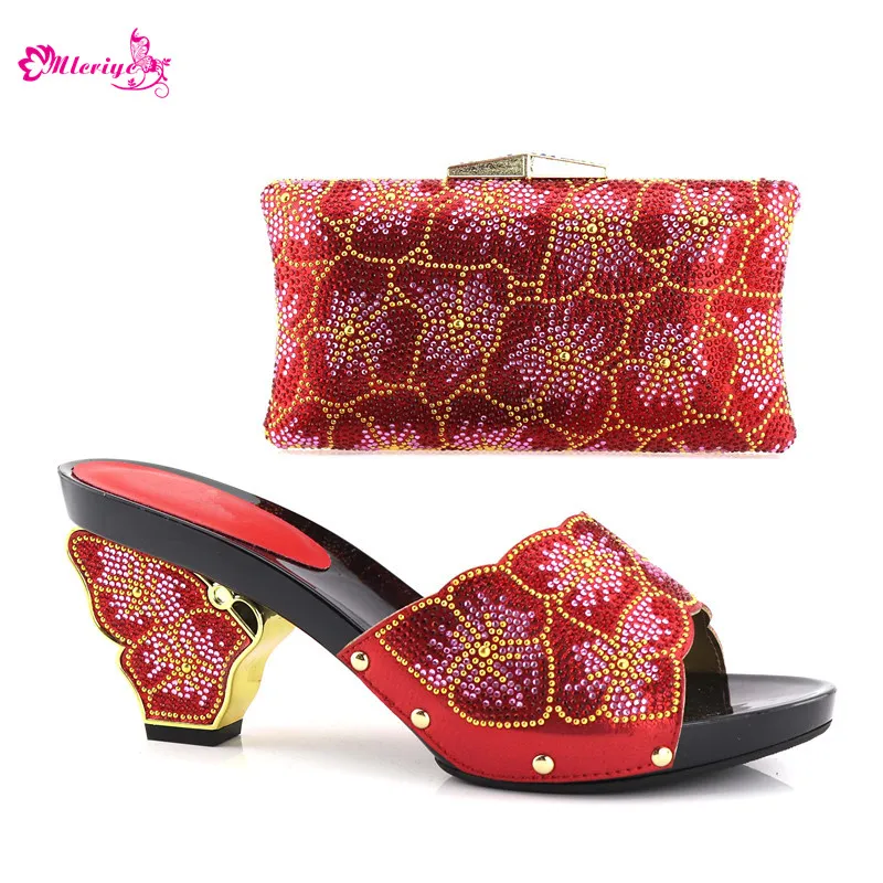 

New Fashion Summer High Heeled Shoes for Women Italian Shoes with Matching Bag Set Decorated with Rhinestone Nigerian Party Shoe