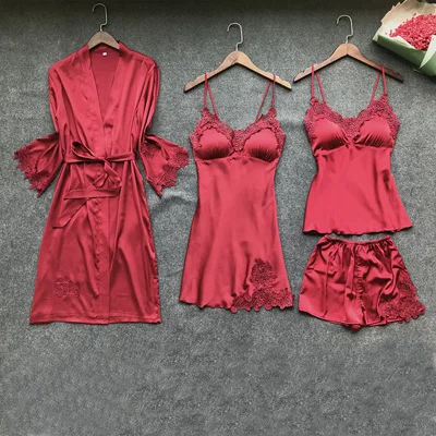Из 4 предметов однотонная Пижама женские атласные пижамы Pijama шелк Домашняя одежда Кружева сна Lounge Пижама с нагрудники пижамы женские 918 - Цвет: red