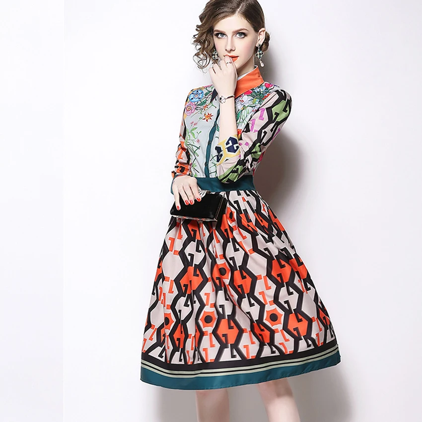 

High Quality Autumn New Designer Runway Dress Lady Print Turn-down Collar Long Sleeve Slim Women Dresses vestidos mujer 2018