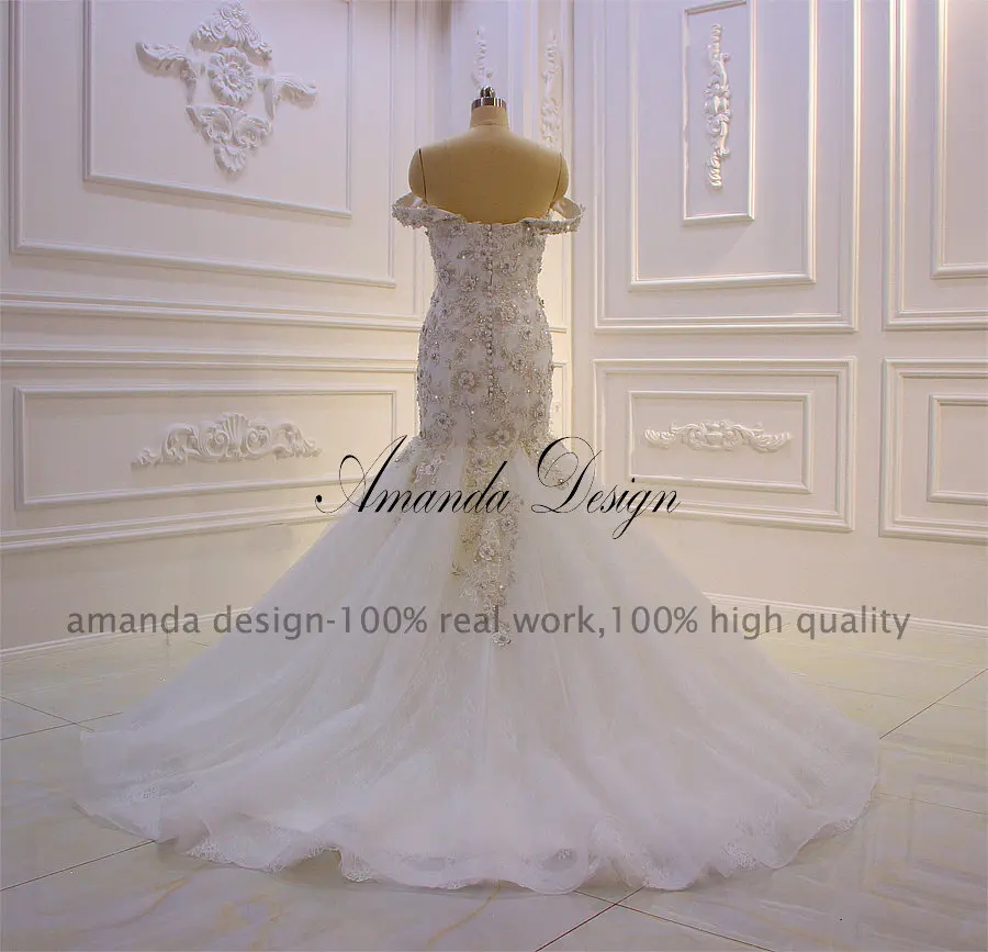 Аманда дизайн невесты платье с открытыми плечами рукава кружево; аппликация; Русалка свадебное платье