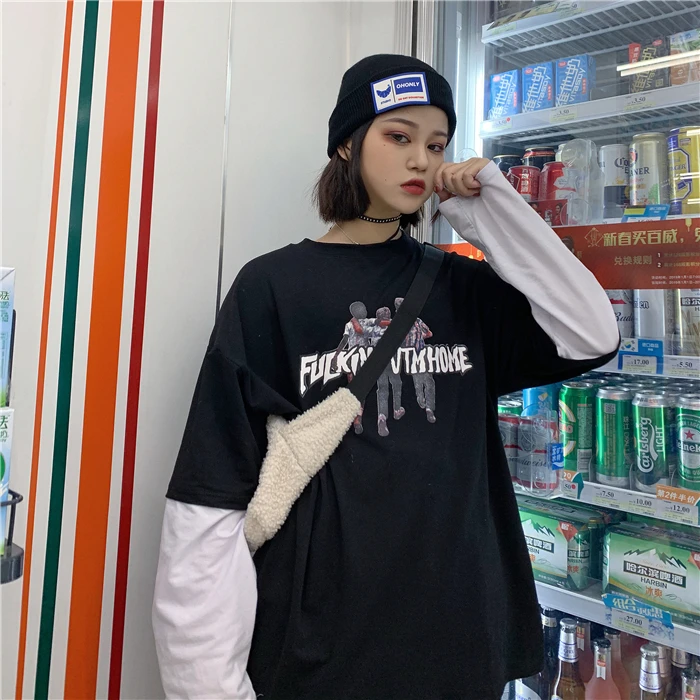 YouGeMan Harajuku Костюмы Весна Для женщин футболка с длинными рукавами Корейский Ulzzang поддельные 2 шт Лоскутные футболки Женский Топ