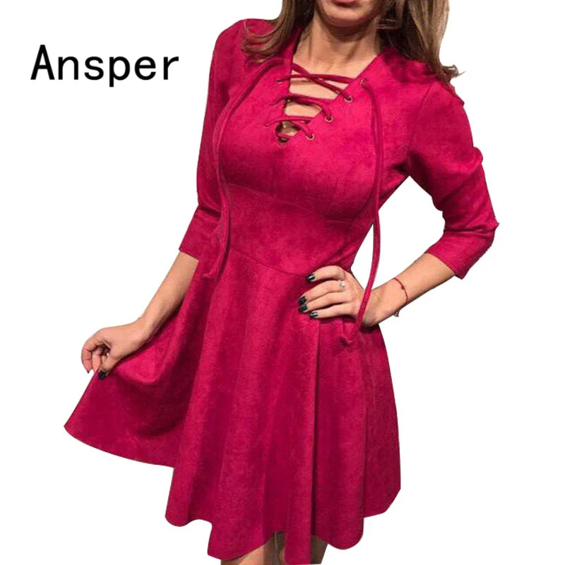 

2018 Front Lace Up Women Short Dress Suede-like Thin A-line Dresses Casual Vestidos Slim Waist