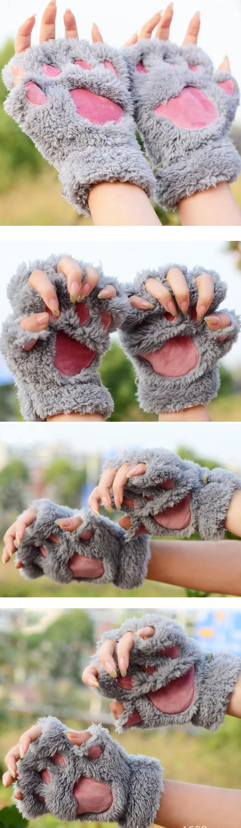 Winter cute cartoon cat girl mitt thickening fluff bear paw half finger gloves G22