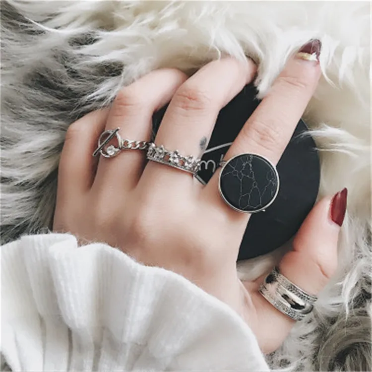 

4PCS/SET European and American Minimalist Personality Open Adjustable Knuckle Ring Marble Rings Set for Women Jewelry