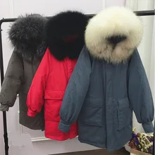 Огромный воротник из натурального меха енота, зимняя куртка для женщин, плотное теплое женское Свободное пальто, высокое качество, белый пуховик, парка