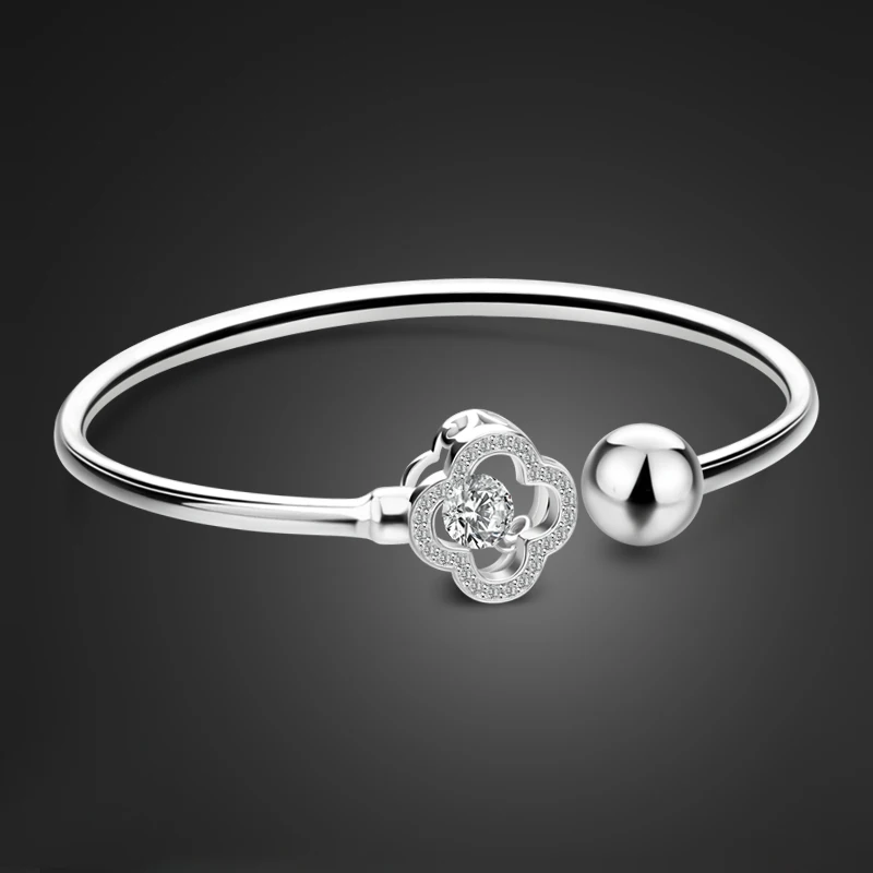 

New Fashion Hot Solid silver CZ zircon clover Jewelry Simple 100% 925 Sterling Silver Glossy Bracelet Charm Woman & girl gift