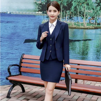 

Autumn Winter Elegant Blue Slim Formal OL Styles Blazers With 3 pieces Jackets + Skirt + Vest For Ladies Skirt Suits Plus Size