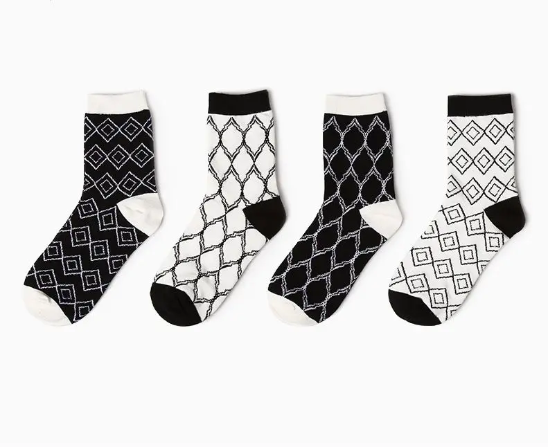 Fashion Men's White and Black Socks Novelty Stripes Grid Short Sock