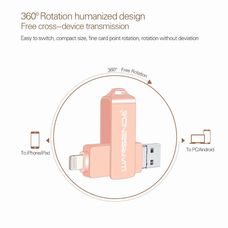 WANSENDA OTG USB флеш-накопитель, Вращающаяся ручка, 8 ГБ, 16 ГБ, 32 ГБ, 64 ГБ, 128 ГБ, 3 в 1, микро USB флешка, флешка для iPhone/Android/PC
