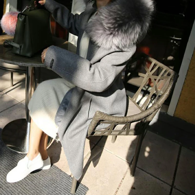 Женское шерстяное пальто для отдыха, Женское шерстяное пальто, новинка, одноцветное, с капюшоном, с меховым воротником, зимнее, средней длины, большой размер, S-XL, NUW104