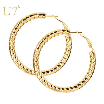 

U7 Simple Earrings Round Circle 25mm / 40mm Three Color Trendy Design New Hoop Female Earring Jewelry Party Gift For Women E1014