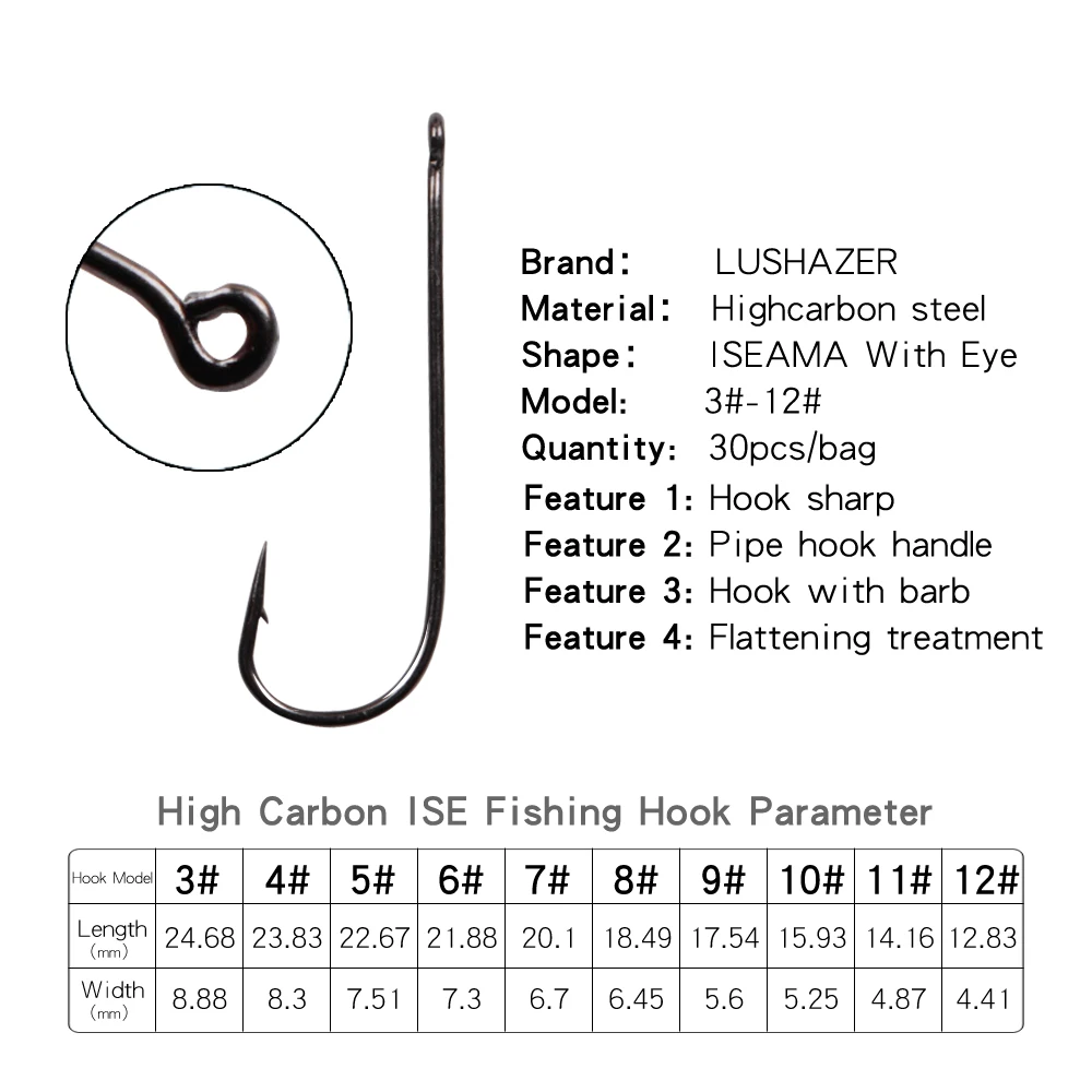 30 шт./лот рыболовные крючки из углеродистой стали с большим длинным хвостовиком, рыболовные крючки, морской крючок, пинт-крючок с глазами, рыболовные аксессуары