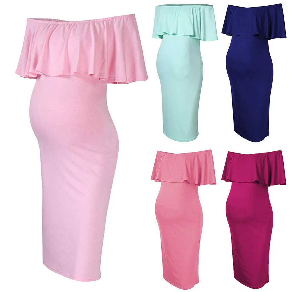 

Fashion Womens Pregnants Off Shoulder Ruffles Solid Nursing Maternity Dress Ropa Maternidad Vestido Embarazada Dropshipping Apr9