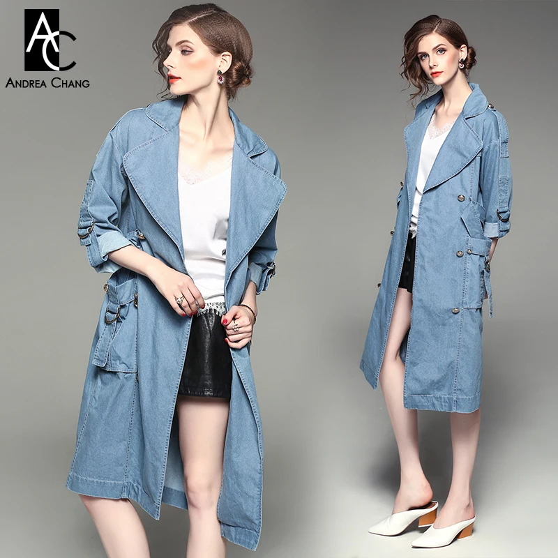 spring autumn woman trench outwear sky blue denim trench coat with belt