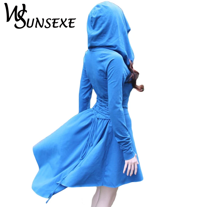 

Irregular High Low Hoodies Dress Back Bandage Lace Up Blue Gothic Dresses Women Casual Long Sleeve Wrap Dresses 2017 New Autumn