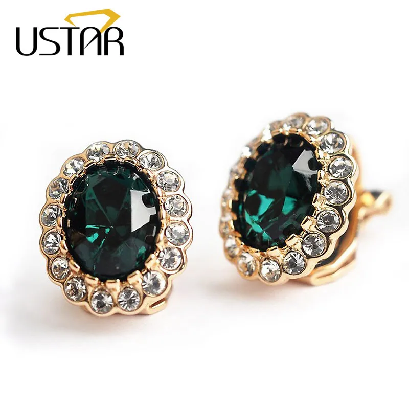 Серьги клипсы USTAR женские с зеленым цирконом ювелирное украшение цвета розового