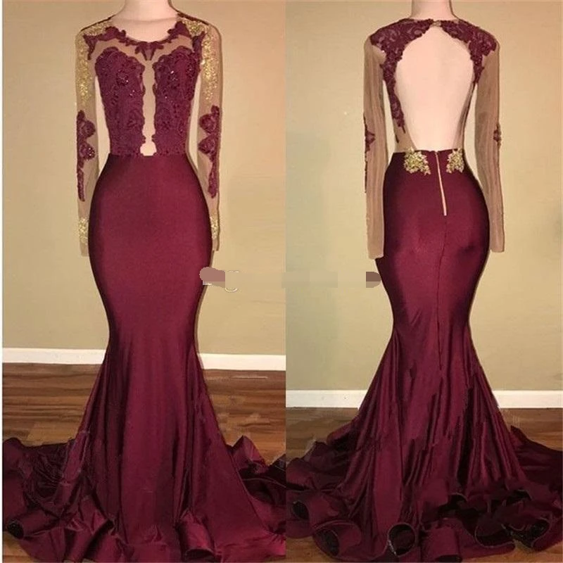 

2019 African Black and Gold Mermaid Prom Dresses Long Sleeves Open Back Appliques Beads See Through Burgundy Evening dress