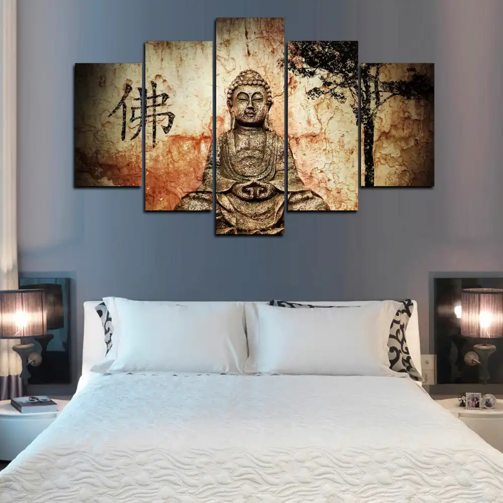 5 Panels Zen Buddha Painting Vintage Poster Print Feng Shui