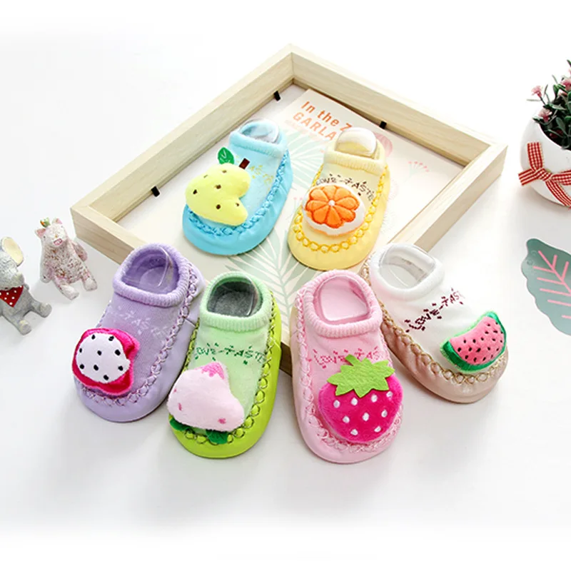

Baby Boy Girl Children Socks Anti-Slip Newborn First Walker Fruit Cartoon Slippers Boots Soft Leather Soled Indoor Socks Meias