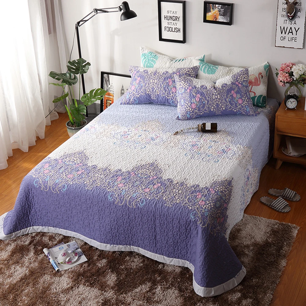 

2018 Purple Bohemian Flowers Quilting Bedsheet Print Cotton Stitching Bedlinens Coverlet 3pcs Bedspread Set Pillowcases