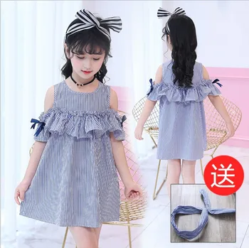

Summer Teen Girls Clothes Blue Stripe Dress for Girls Kids Ruffles Dress+Headband Children Dress New Cotton Kids Wear for 1-12Y