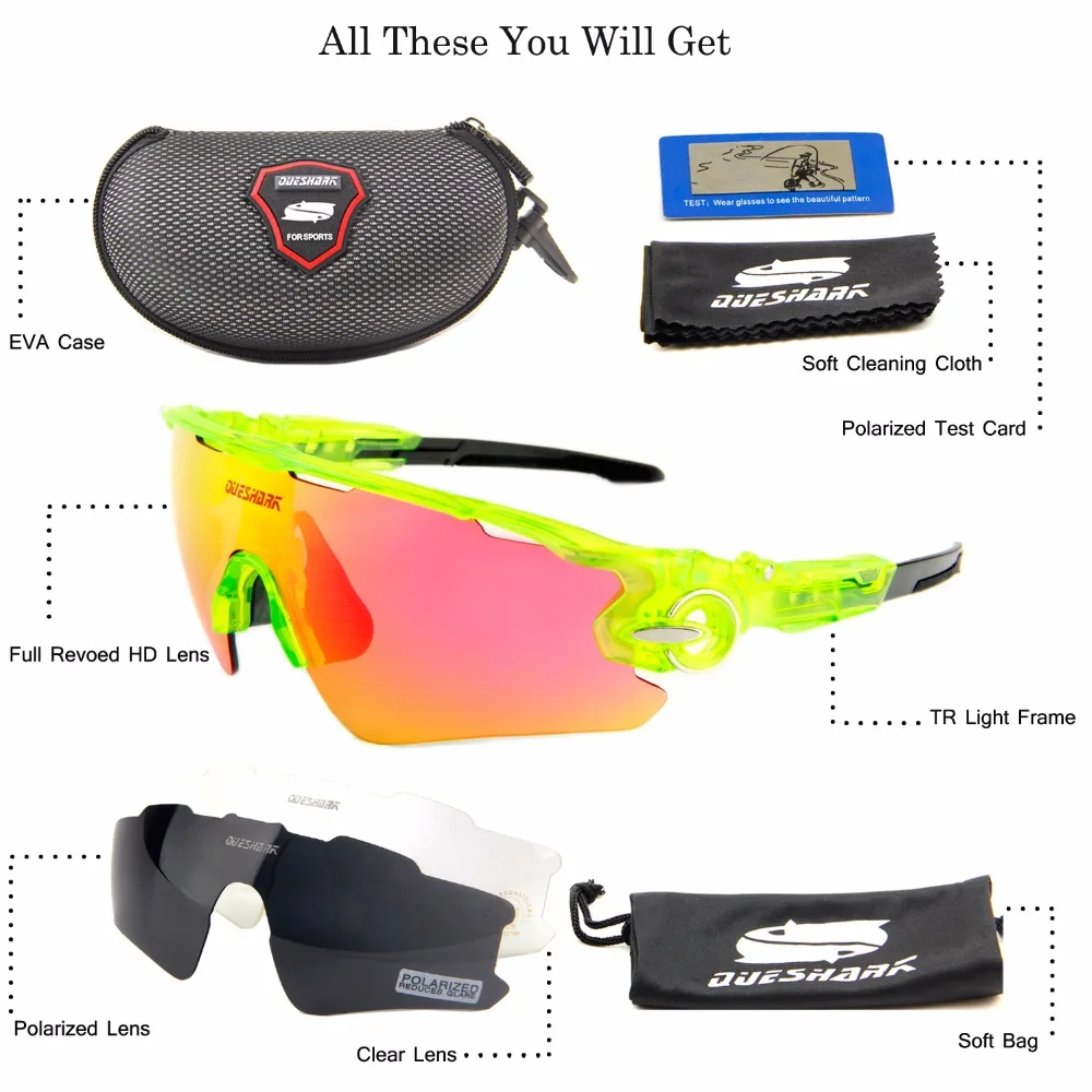 Queshark الرجال النساء يستقطب الدراجات نظارات الرياضة MTB الدراجة دراجة النظارات الشمسية نظارات 3 العدسات دراجة نارية الدراجات نظارات