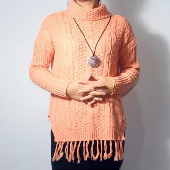 

Spring New Pullover For Women Knitted Lady Sweaters High Quality Fashion Women Turtleneck Tassel Solid Color Loose Sweater
