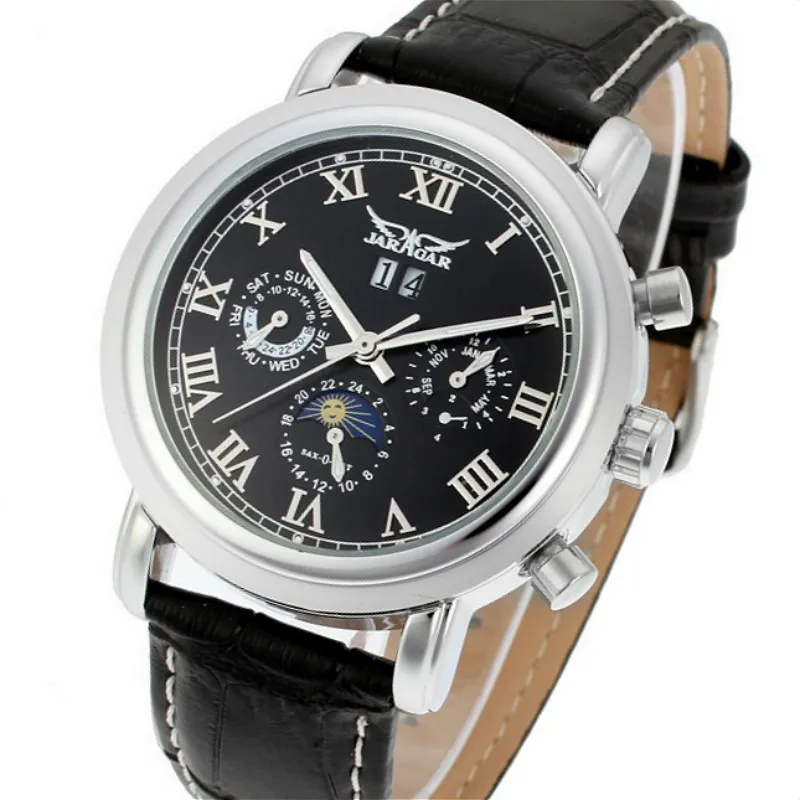 

Jargar Automatic Silver Color Men Wristwatch Tourbillon Black Leather Strap with Auto Date