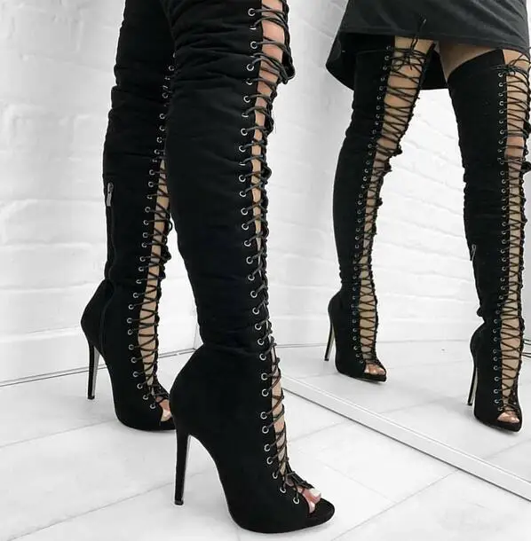 Prezzo di fabbrica nero faux suede lace up stivali alti sexy aperto Prezzo up di fabbrica nero faux suede lace up Prezzo stivali alti sexy aperto 7412d6