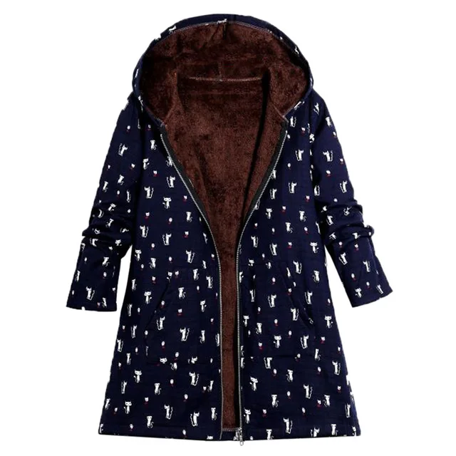 Cat Print Winter Coat Women 2018 Fashion Coat Girl Long Sleeve Hooded