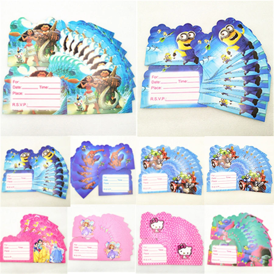 

10p/set Trolls Minions Moana Spiderman Avengers Princess Party Supplies Invitation Card Birthday Favors Decoration Supplies