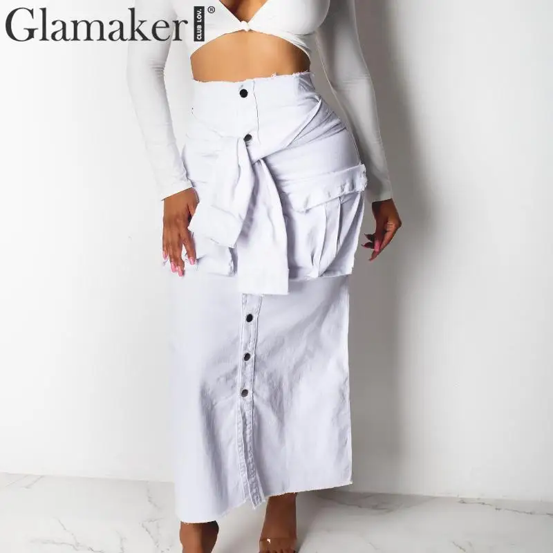 

Glamaker Sexy bodycon buttons denim skirt Women party club bandage blue jeans skirt Summer female long high waist skirt bottoms