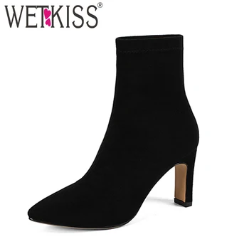 

WETKISS New High Heels Stretch Women Boots 2018 Sock Boot Autumn Pointed Toe Fur Suede Party Female Shoes Winter Warm Footwear