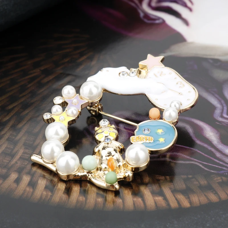 

dongsheng Cute Romantic Fantasy Alice in Wonderland Brooch Rabbit Clocks Star Earth Pearls Badge Jewelry for Women Girl Brooch-4