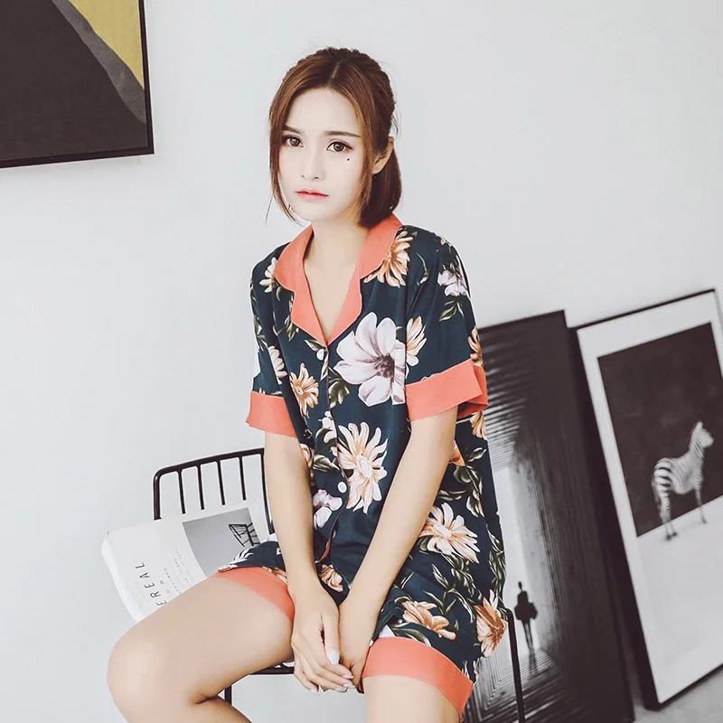 

Summer New Ladies Pajamas Set Comfort Cotton Satin Floral Printed Sleepwear Turn-down Collar Short Sleeve+Shorts Female Homewear