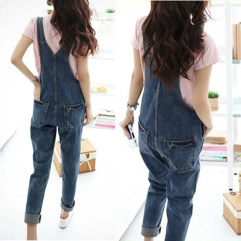 2018 Autumn Women Denim Jumpsuit Casual Jeans Rompers Female Loose Hole Denim Overall Playsuit With Pocket