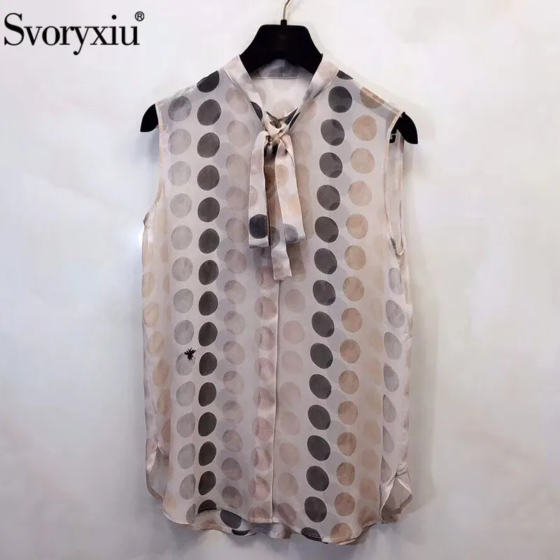 Svoryxiu Silk Blouse Shirt Women's Runway Designer Summer Bow Collar Polka Dot Printed Sleeveless Blouses Tops