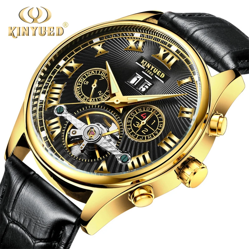 

KINYUED Mens Wrist Skeleton Watch Automatic Gold Leather Waterproof Mechanical Wriswatch Calendar Self-wind Horloge Mannen