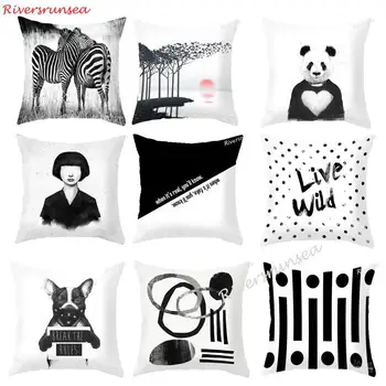 

Hand Painted Black And White Cushion Cover Cute Zebra Panda Dog Animal Pillow Cover Modern Simple English Girl For Office Chair