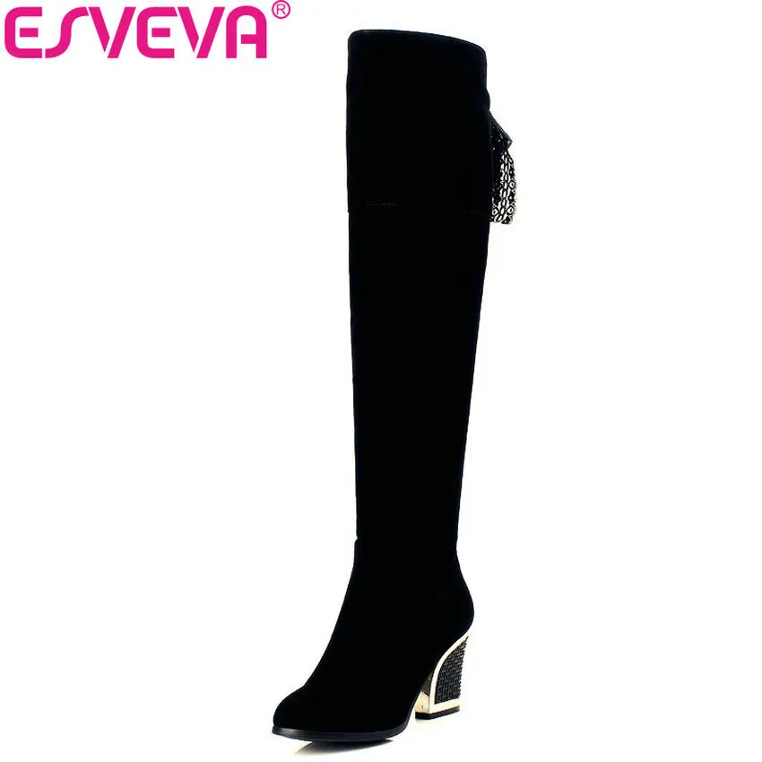 

ESVEVA 2018 Women Boots elegant Warm Zipper Winter boots Square High Heels Round Toe shoes Over The Knee Boots Size 34-40