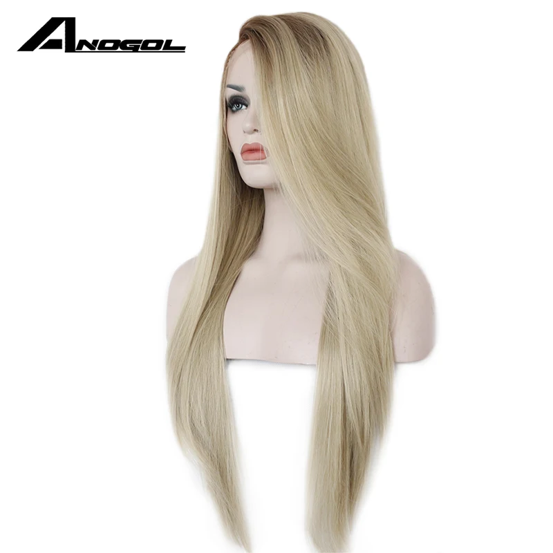 Anogol 2 Tones Ombre Brown Blonde Synthetic Lace Front Wig Peruca Laco Sintetico Long Straight Heat Resistant Hair Wigs Women