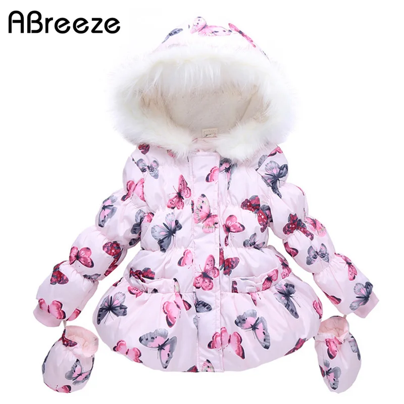 Image 2016 High Quality Fashion Girls Winter Coat + Gloves 2pcs Set Butterfly Hooded Zipper Fleeced Baby Girl Winter Jackets girls
