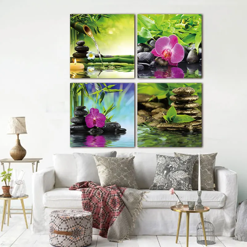 Goede BANMU Foto Print op Canvas Rode Orchidee Frangipani Bamboe Waterlily Zwarte Steen in Tuin 4 Panel Giclee Art werk