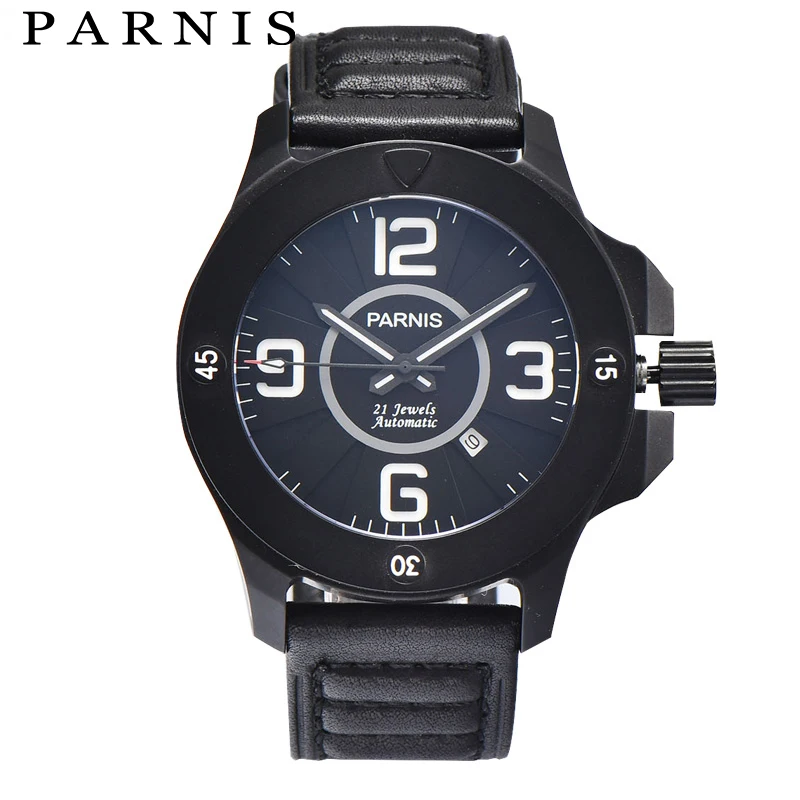 

Fashion 47mm Men Watch Parnis Watches 21 Jewels Blue Dial Miyota Automatic Movement Black Leather Luminous Waterproof Watches